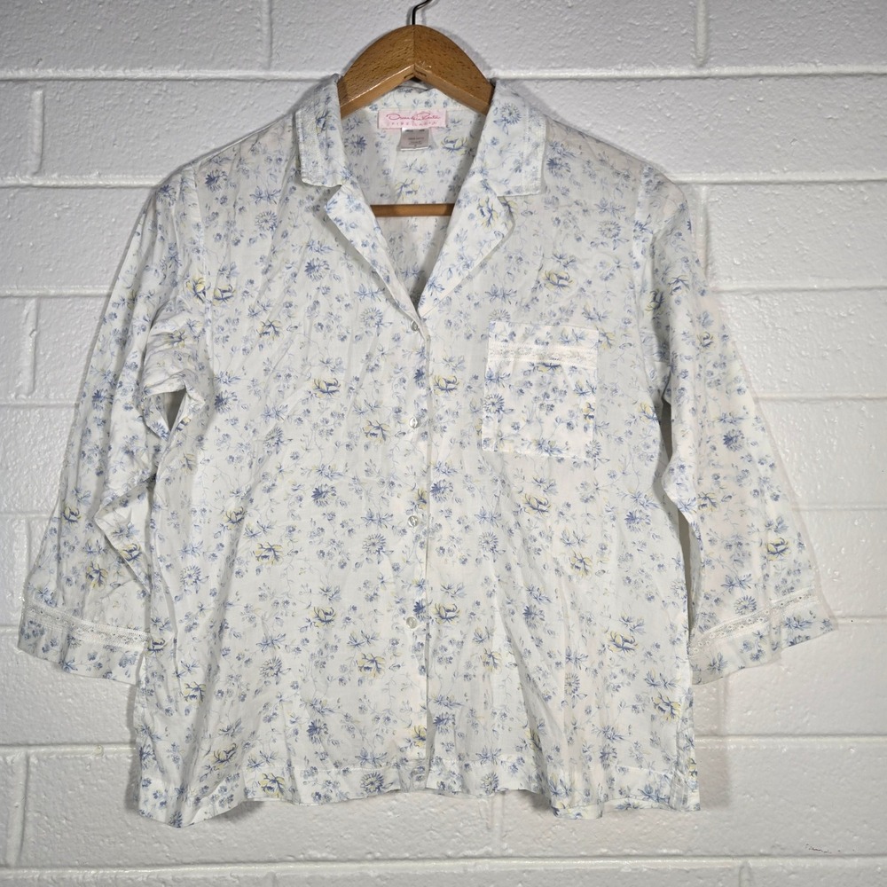 Oscar de la Renta Pink‎ Label Pajama Top Small Floral Blue White Cotton Cottage